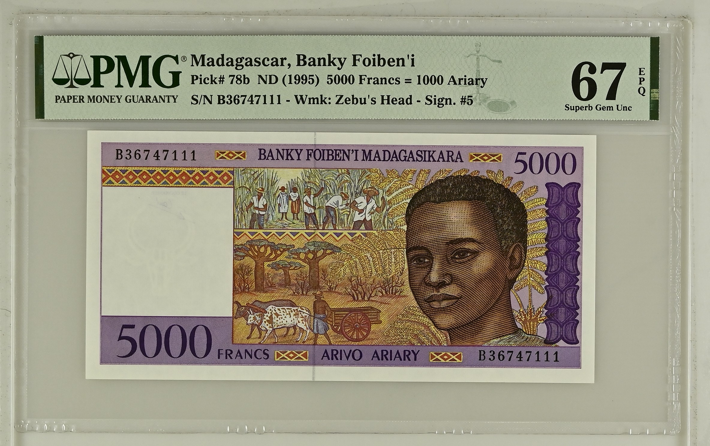 Madagascar 5000 Francs 1995 Unc PMG 67 EPQ