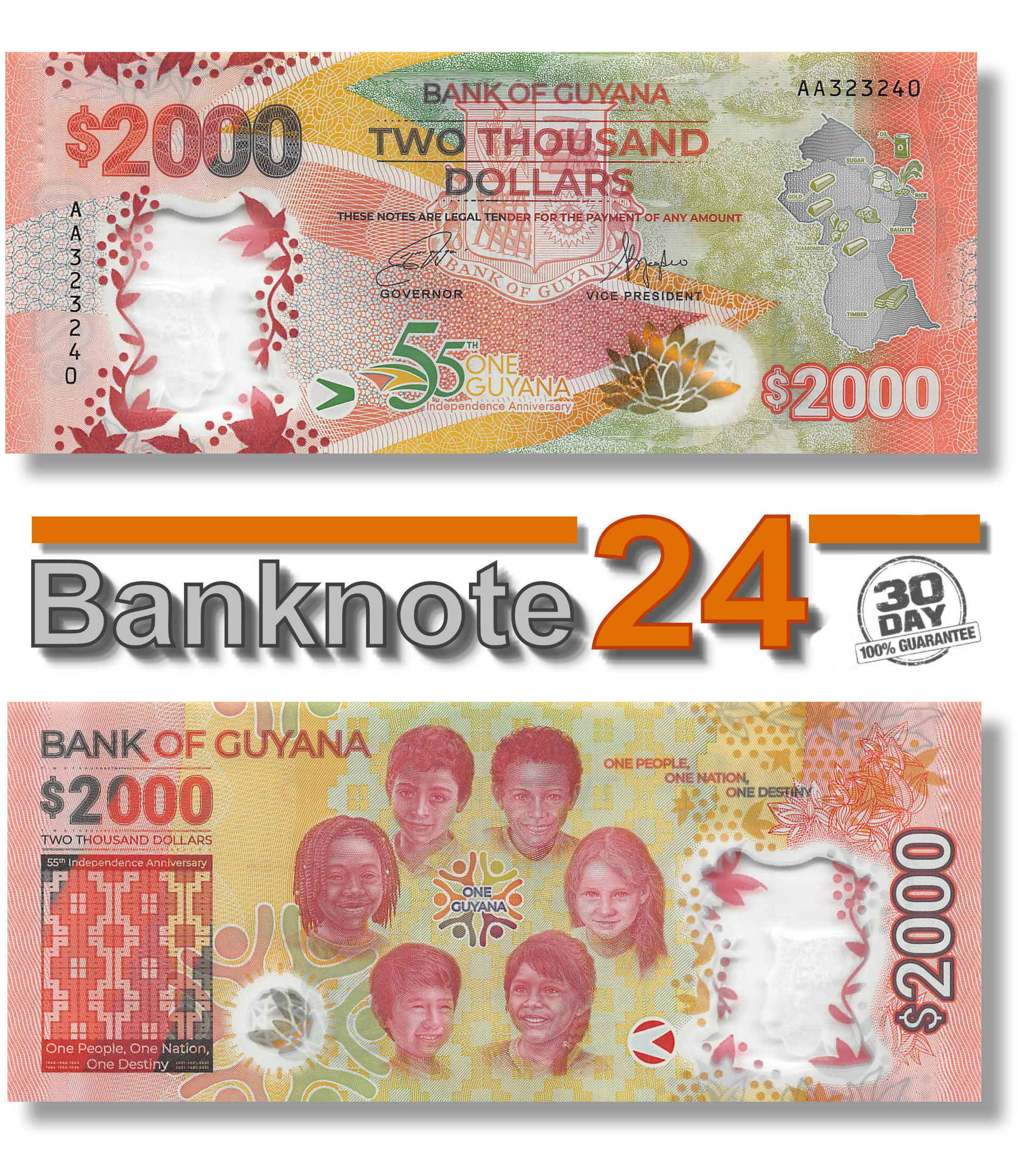 Robert's World Money  Guyana 2,000 Dollars UNC pick #: New