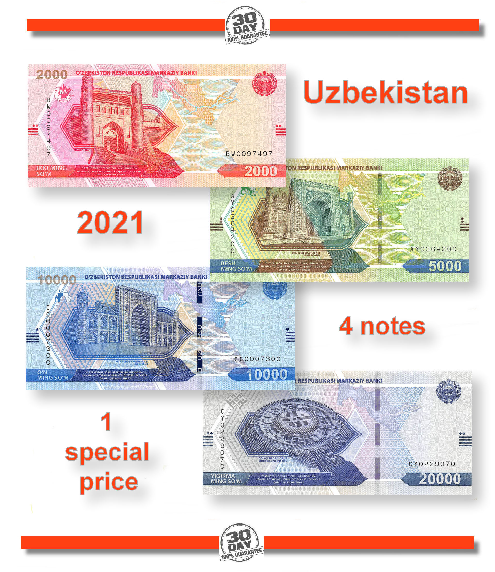 Uzbekistan 2000 5000 10 000 20 000 Som 2021 Unc   L Uzbekistan 20000 Som 2022 Pn 87 88 89 90 Set A 