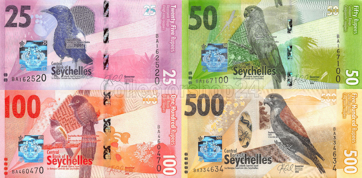 Seychelles set 25-50-100-500 Rupees 2016 Unc | Pn 48a-49a-50a-51a